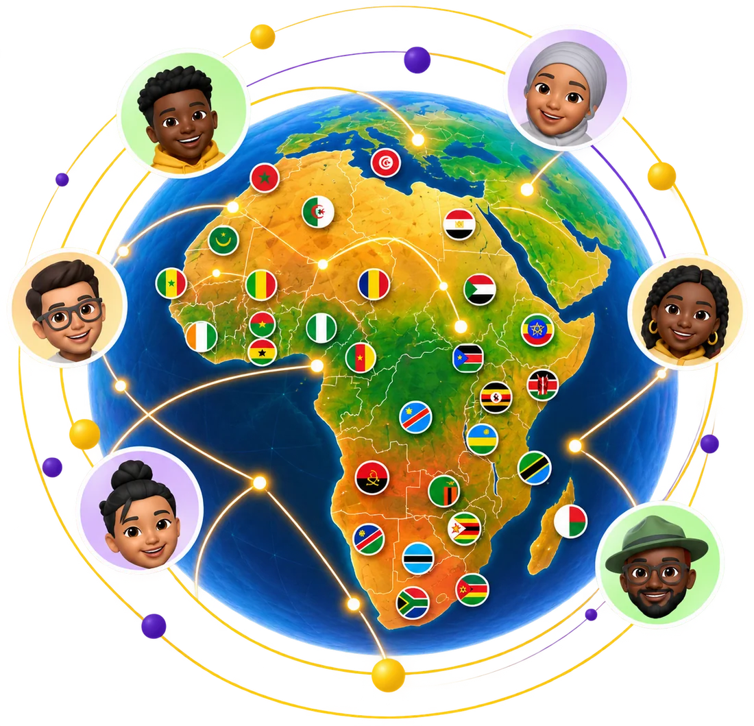 A globe centred on Africa with country flags, connected to learners from across the continent