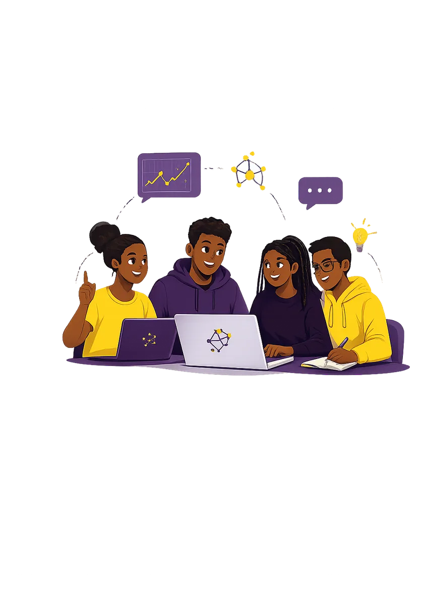 Four learners collaborating around a laptop
